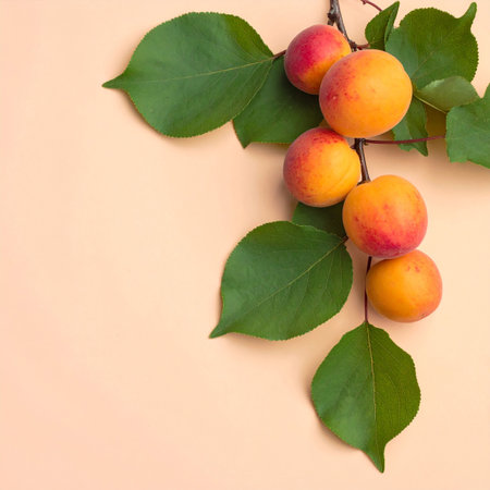 Ripe apricots with green leaves on a pink background.の素材