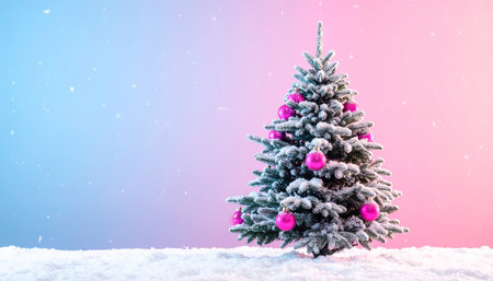 Christmas tree with pink baubles in snow against pink and blue backgroundの素材