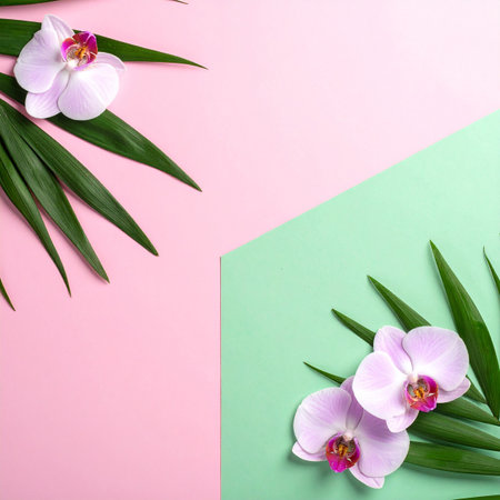 Beautiful tropical leaves and orchid flowers on color background, flat layの素材