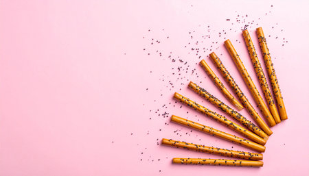 Chocolate wafer sticks with sprinkles on pink background, top viewの素材
