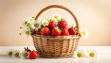 Strawberries in a basket with daisies and chamomilesの素材