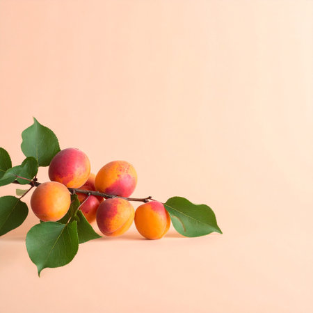 Ripe apricots with green leaves on a pink background.の素材