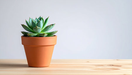 Succulent plant in pot on wooden table and white wall backgroundの素材