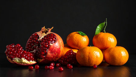 Ripe pomegranate and tangerines on a black backgroundの素材