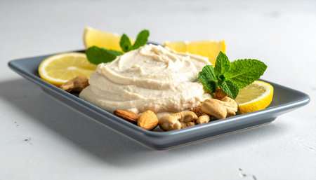 Creamy hummus with lemon and nuts on a white backgroundの素材