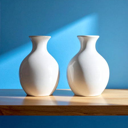 Two white vases on a wooden shelf against a blue wall.の素材