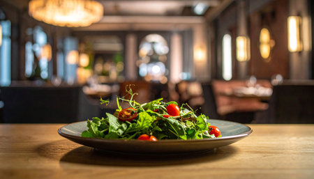 Green salad with cherry tomatoes and arugula on wooden table in restaurantの素材