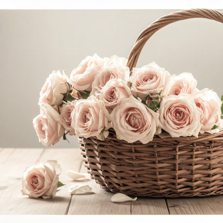 Bouquet of pink roses in a basket on a wooden backgroundの素材