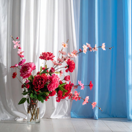 Bouquet of flowers in vase on a background of curtainsの素材