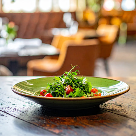 Green salad with tomatoes and arugula on a wooden table.の素材