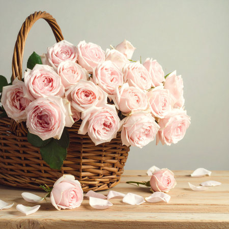 Basket of pink roses and petals on wooden table over grey backgroundの素材