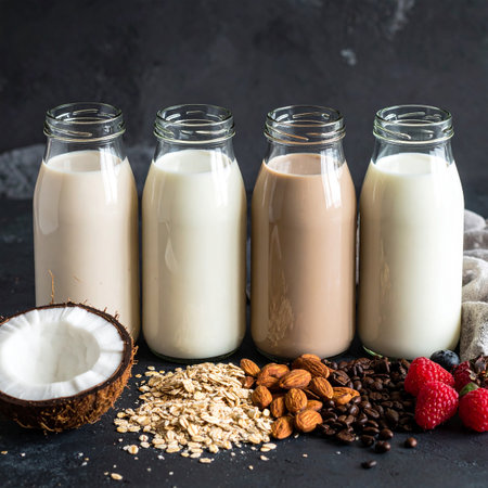 Coconut milk and oat flakes in bottles on dark backgroundの素材