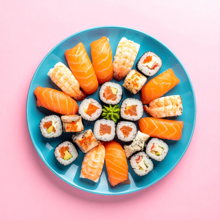 Sushi set on a blue plate on a pink background, top viewの素材