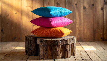 Colorful pillows on a wooden table in a rustic roomの素材