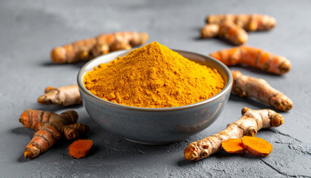 Turmeric powder in a bowl with fresh turmeric roots on dark backgroundの素材