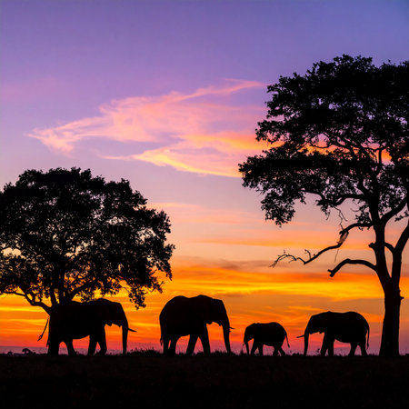 Silhouette of elephants at sunset in Chobe National Park, Botswana, Africaの素材