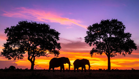 Silhouette of elephant and tree in the field at sunset.の素材