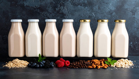 Bottles of milk and ingredients for healthy breakfast on dark background.の素材