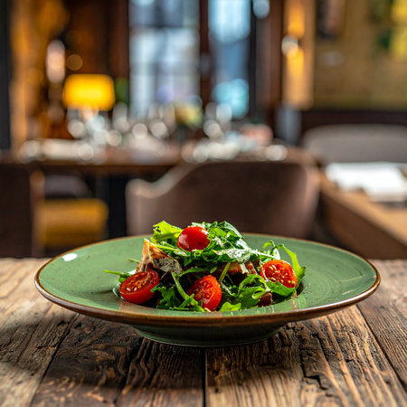 Salad with salmon, arugula and cherry tomatoes on green plateの素材