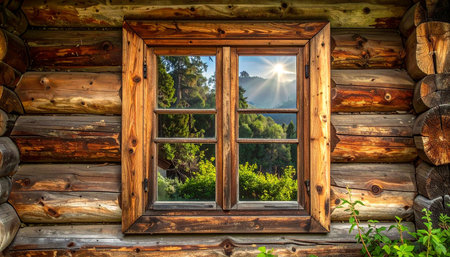 Window of a wooden house in the forest on the background of mountainsの素材