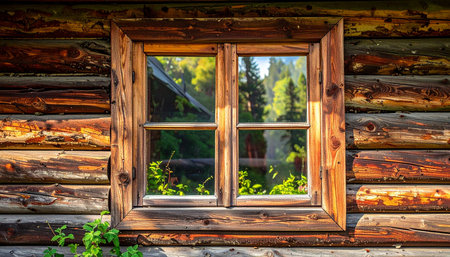 Old wooden window in a log house with green grass in the foregroundの素材