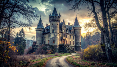 Beautiful castle in the autumn forest. Panoramic view.の素材