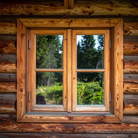 Wooden window in a log house with a view of the landscapeの素材