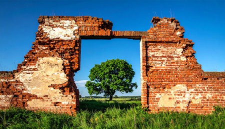 Ruins of an old brick house with green grass and blue skyの素材