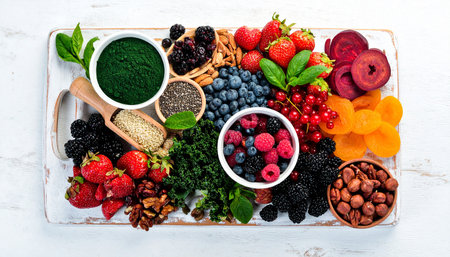 Healthy superfood selection with fruits, berries and chia seedsの素材