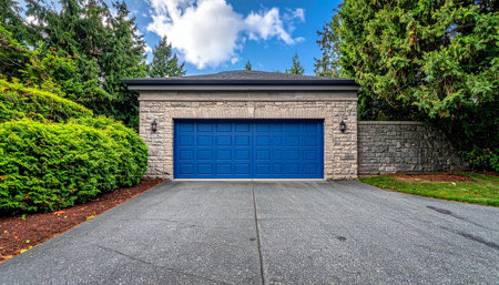 Blue garage door in front of a house with stone wall and drivewayの素材