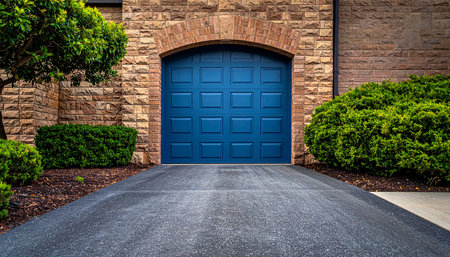 3D rendering of an entrance to a residential building with blue doorの素材