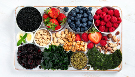 Healthy food clean eating selection: strawberry, blueberry, spinach, cashew nuts, hazelnuts, pistachios, chia seeds, sunflower seeds on white wooden background, top viewの素材