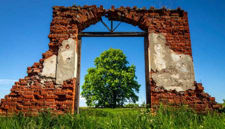 old gate in the ruins of an ancient fortress on a background of blue skyの素材