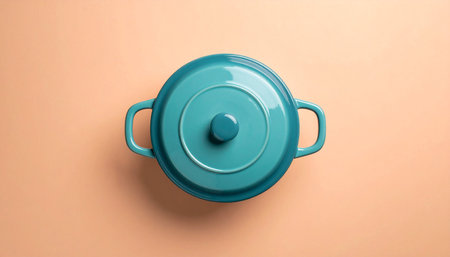 Top view of a blue pot on a beige background. Flat layの素材