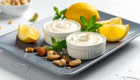 Homemade mayonnaise with nuts and lemon on a white backgroundの素材
