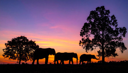 Silhouette of elephants at sunset in Chiang Mai, Thailandの素材