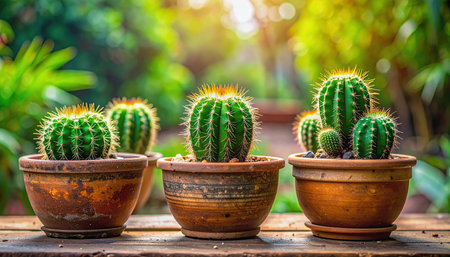 Cactus in pot on wooden table with nature background, stock photoの素材