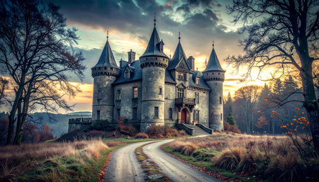 Beautiful castle in the forest at sunset. Fairytale landscape.の素材