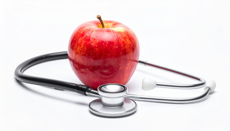 Stethoscope and apple on white background. Health care concept.の素材