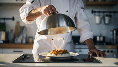 cropped shot of chef holding plate with fried chicken in restaurant kitchenの素材