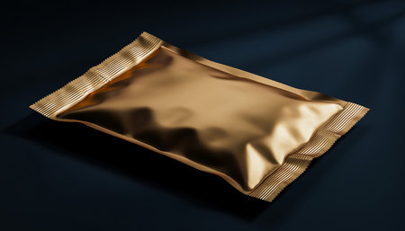 Golden foil sachet on a dark background. 3d rendering.の素材