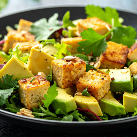 Healthy salad with tofu, avocado, arugula and nuts.の素材
