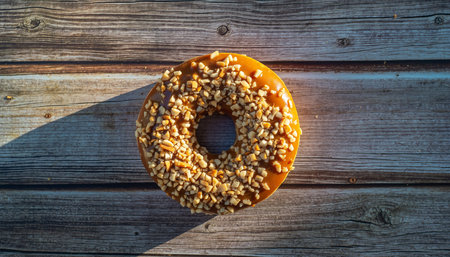 Donut with sunflower seeds on wooden background. Top view.の素材