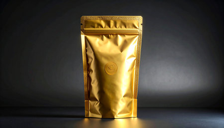 Golden foil bag isolated on a black background, 3d rendering.の素材