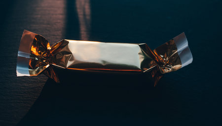 Candy in a golden wrapper on a black background close-upの素材