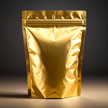 Golden foil bag for coffee or tea on a dark background. 3d renderingの素材