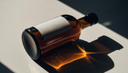 bottle of wine on a white background with light rays and shadowの素材