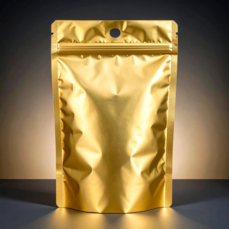 Golden foil bag for food on a dark background. 3d renderingの素材