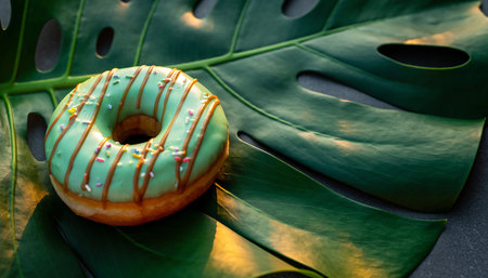 Delicious glazed donut with green leaf on dark background.の素材
