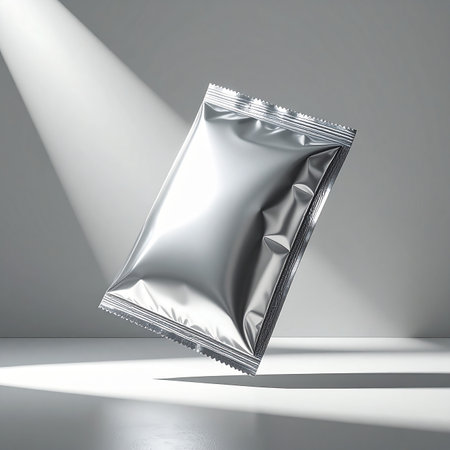 3d rendering of aluminum foil snack bag in a room with sunlightの素材